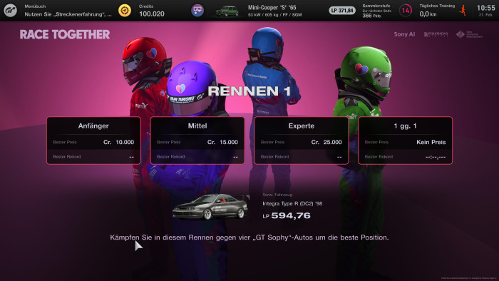 Sophy fährt drei Schwierigkeitsgrade und ein Spezialrennen. (Bild: Sony / Screenshot: Golem.de)